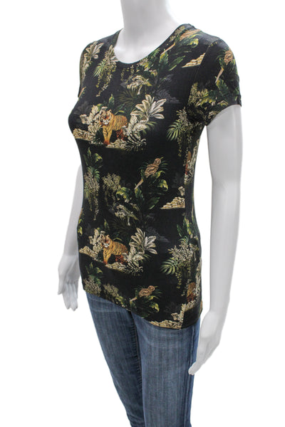 L'Agence Womens Petite Jersey Animal Print Black Short Sleeve T-Shirt Size S