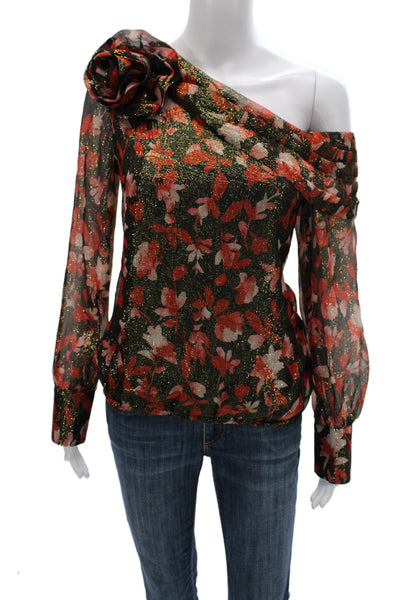 Ramy Brook Womens Black Floral Silk Metallic Long Sleeve Blouse Size XS
