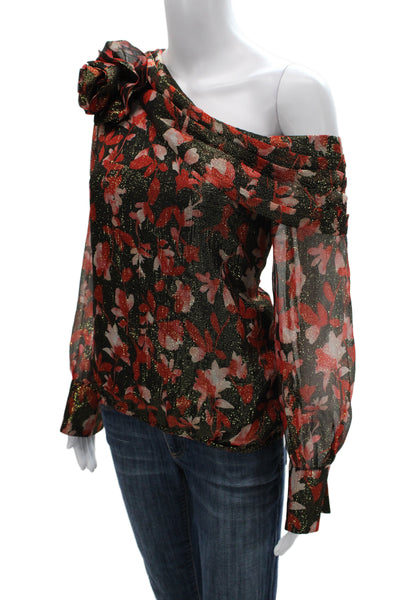 Ramy Brook Womens Black Floral Silk Metallic Long Sleeve Blouse Size XS