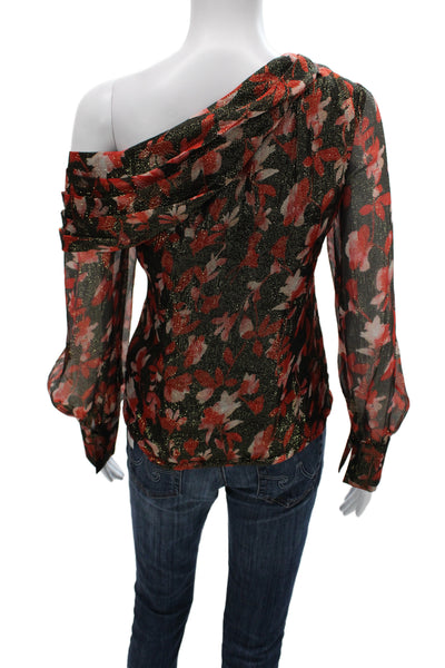 Ramy Brook Womens Black Floral Silk Metallic Long Sleeve Blouse Size XS