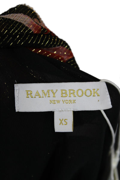 Ramy Brook Womens Black Floral Silk Metallic Long Sleeve Blouse Size XS