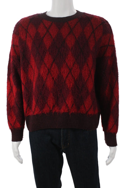 Zara Mens Argyle Pullover Sweater Red Polyester Long Sleeve Size S