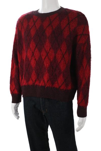 Zara Mens Argyle Pullover Sweater Red Polyester Long Sleeve Size S