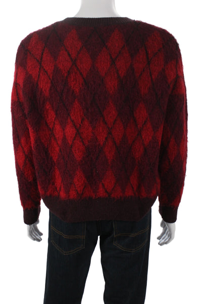 Zara Mens Argyle Pullover Sweater Red Polyester Long Sleeve Size S