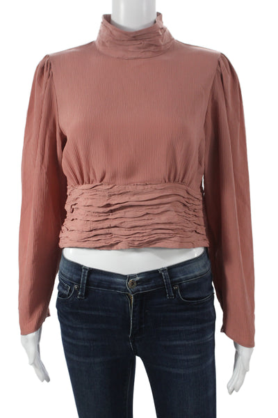 Zara Women Cropped Cowl Neck Blouse Pink Long Sleeve Zip Polyester Size M