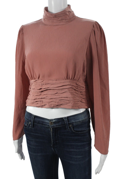 Zara Women Cropped Cowl Neck Blouse Pink Long Sleeve Zip Polyester Size M
