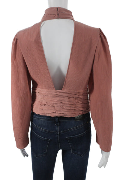 Zara Women Cropped Cowl Neck Blouse Pink Long Sleeve Zip Polyester Size M
