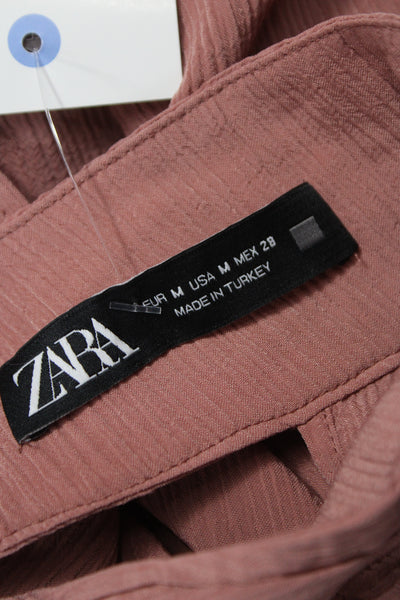 Zara Women Cropped Cowl Neck Blouse Pink Long Sleeve Zip Polyester Size M