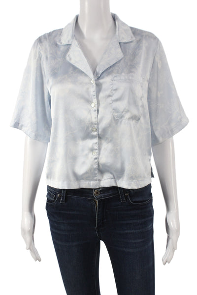 Rachel Zoe Womens Cropped Floral Button Up Short Sleeve Top Blue Size S