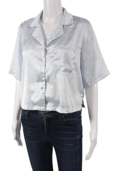 Rachel Zoe Womens Cropped Floral Button Up Short Sleeve Top Blue Size S