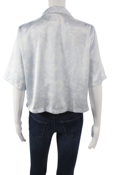 Rachel Zoe Womens Cropped Floral Button Up Short Sleeve Top Blue Size S