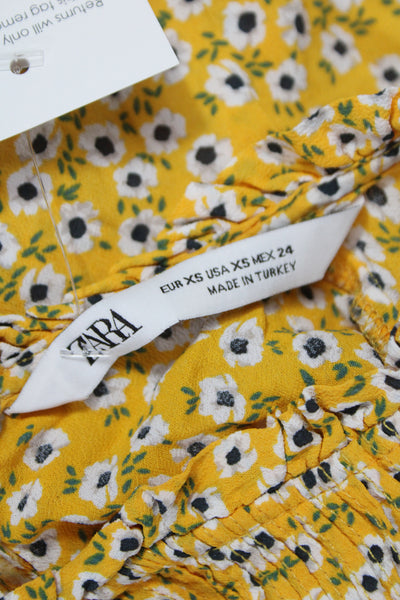 Zara Womens Floral High Neck Long Sleeve Basic Blouse Yellow Size XS