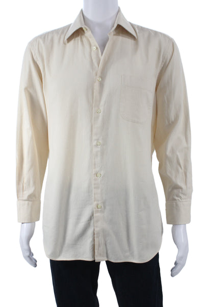 Boss Hugo Boss Mens Cotton Dress Shirt Ivory Long Sleeve Button Up Size 16.5
