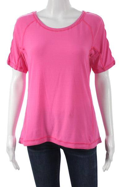 Lululemon Women Striped Pink Polyester Athletic Basic T-Shirt Round Neck Size S