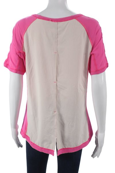 Lululemon Women Striped Pink Polyester Athletic Basic T-Shirt Round Neck Size S