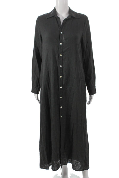 PQ Women Shirt Dress Black Linen Longsleeve Collared Button Knee Length Size XS