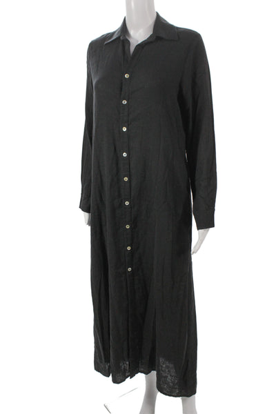 PQ Women Shirt Dress Black Linen Longsleeve Collared Button Knee Length Size XS