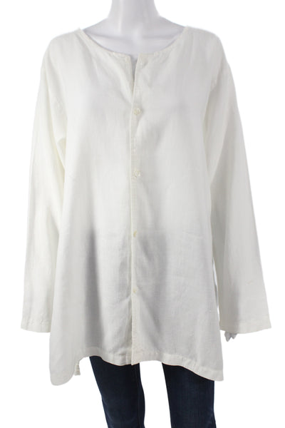 CP Shades Womens Linen Tunic Button Up White Long Sleeve Round Neck Size M