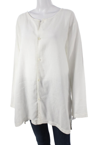 CP Shades Womens Linen Tunic Button Up White Long Sleeve Round Neck Size M
