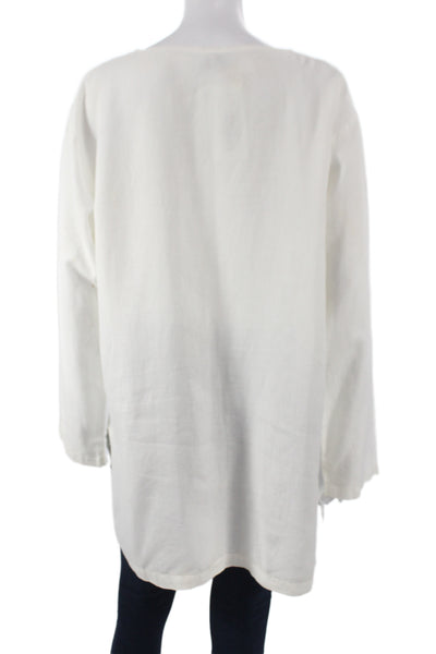 CP Shades Womens Linen Tunic Button Up White Long Sleeve Round Neck Size M