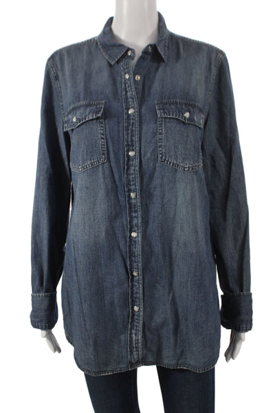 J Crew Women Tunic Button Up Blue Cotton Long Sleeve Western Size 14 Tall