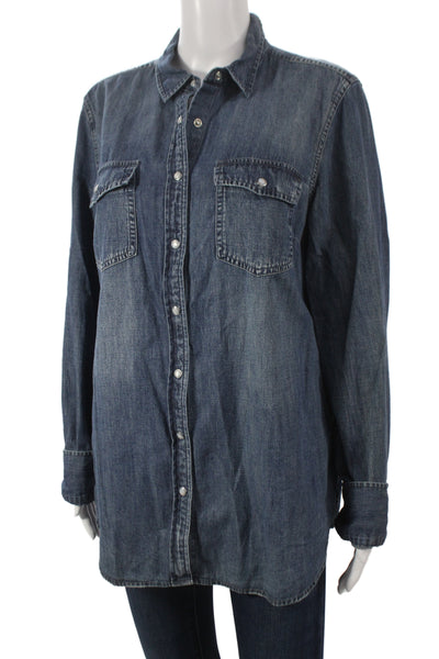 J Crew Women Tunic Button Up Blue Cotton Long Sleeve Western Size 14 Tall