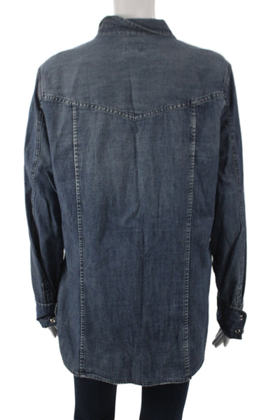 J Crew Women Tunic Button Up Blue Cotton Long Sleeve Western Size 14 Tall
