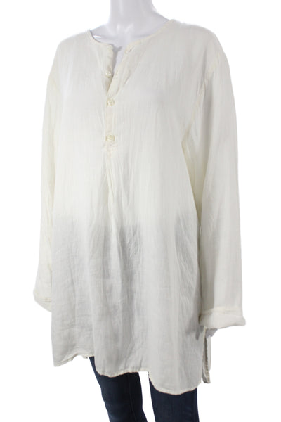 CP Shades Women Tunic Henley Button Linen White Long Sleeve Bohemian Size L