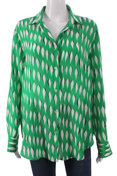 Piazza Sempione Women Green Silk Geometric Button-Up Blouse Longsleeve Size 42