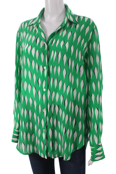 Piazza Sempione Women Green Silk Geometric Button-Up Blouse Longsleeve Size 42