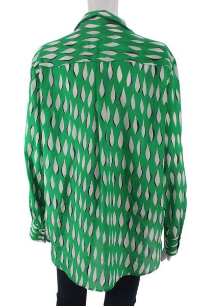 Piazza Sempione Women Green Silk Geometric Button-Up Blouse Longsleeve Size 42
