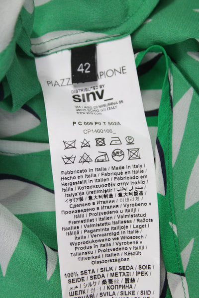 Piazza Sempione Women Green Silk Geometric Button-Up Blouse Longsleeve Size 42
