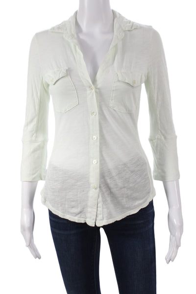 James Perse Womens White Collared 3/4 Sleeve Button-Up Top Cotton Size 1