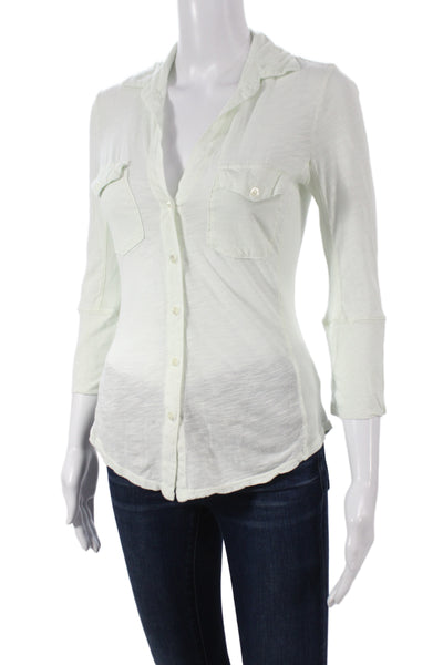 James Perse Womens White Collared 3/4 Sleeve Button-Up Top Cotton Size 1