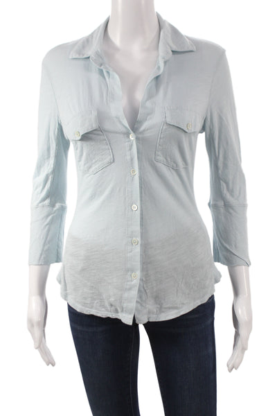 Standard James Perse Women Light Blue 3/4 Sleeve Cotton Button-Up Size 2