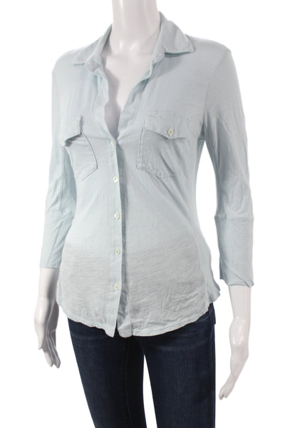 Standard James Perse Women Light Blue 3/4 Sleeve Cotton Button-Up Size 2