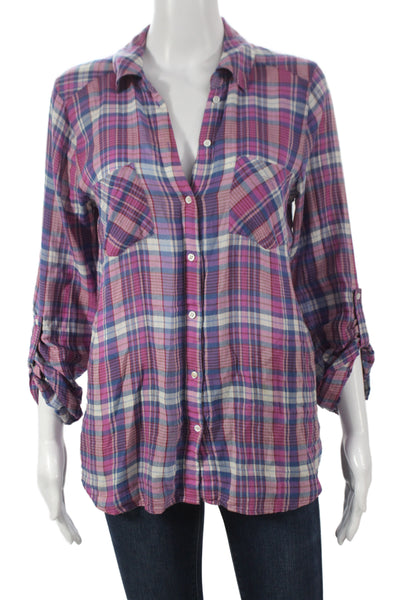 Joie Women Button Up Collared Plaid Cotton 3/4 Sleeve Multicolor Size XS