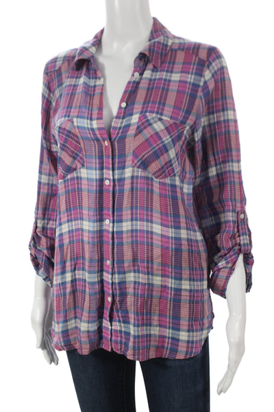Joie Women Button Up Collared Plaid Cotton 3/4 Sleeve Multicolor Size XS
