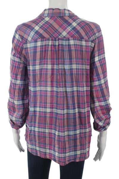 Joie Women Button Up Collared Plaid Cotton 3/4 Sleeve Multicolor Size XS