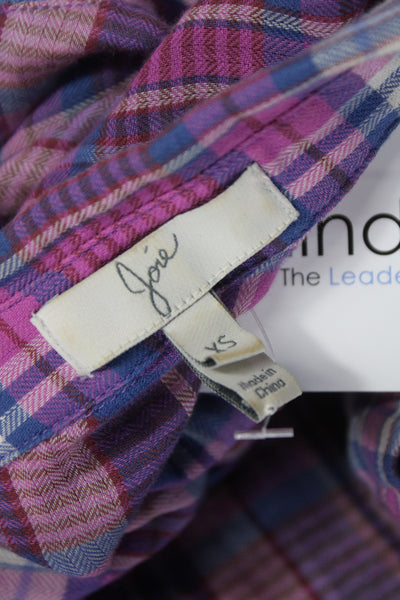 Joie Women Button Up Collared Plaid Cotton 3/4 Sleeve Multicolor Size XS