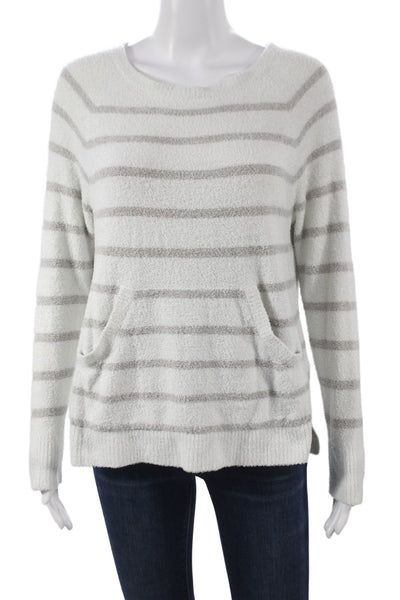 Barefoot Dreams® Women Striped Crewneck Nylon Pullover Long Sleeve White Size S