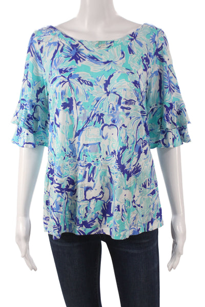 Lily Pulitzer Women Tunic Blouse Blue Animal Graphic Short Sleeve Size S