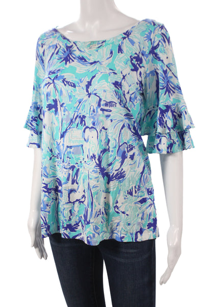 Lily Pulitzer Women Tunic Blouse Blue Animal Graphic Short Sleeve Size S