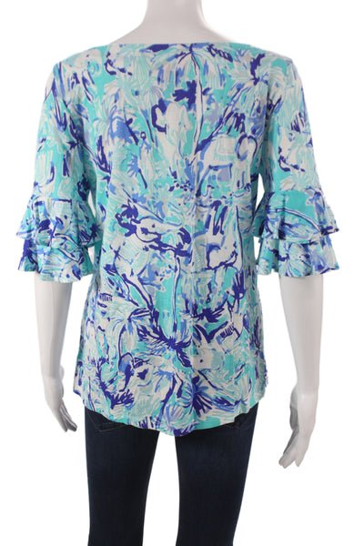 Lily Pulitzer Women Tunic Blouse Blue Animal Graphic Short Sleeve Size S