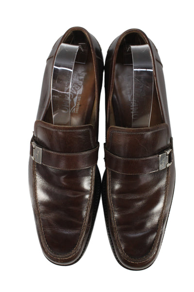 Salvatore Ferragamo Mens Slip On Logo Buckle Leather Loafers Brown Size 10