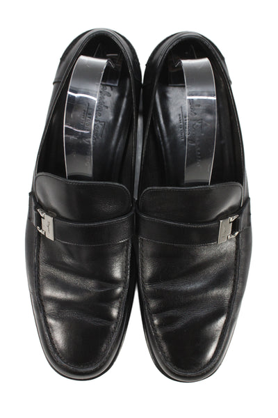 Salvatore Ferragamo Mens Slip On Logo Buckle Leather Loafers Black Size 10D