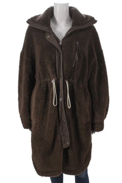 Varley Women Parka Brown High Neck Button Long Sleeve 100% Polyester Size S