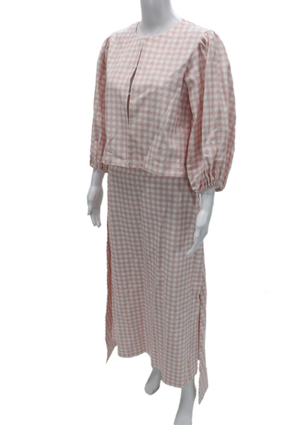 Le Club Women Pink Checked Cotton Shirt Dress 3/4 Sleeve Button Size S
