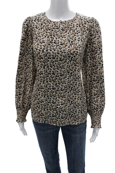 Rebecca Taylor Women Beige Silk Leopard Blouse Long Sleeve Round Neck Size 8