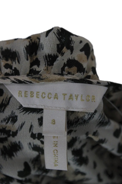 Rebecca Taylor Women Beige Silk Leopard Blouse Long Sleeve Round Neck Size 8
